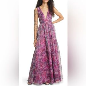LULUS Garden Romance Magenta Floral Organza Maxi Dress Medium